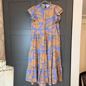 Stylish Blue and Tan Ruffle Dress